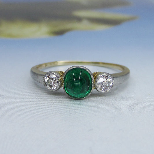 SOLD-Art Deco Cabochon Emerald and Old Euro Diamond Ring Platinum/14k c. 1930