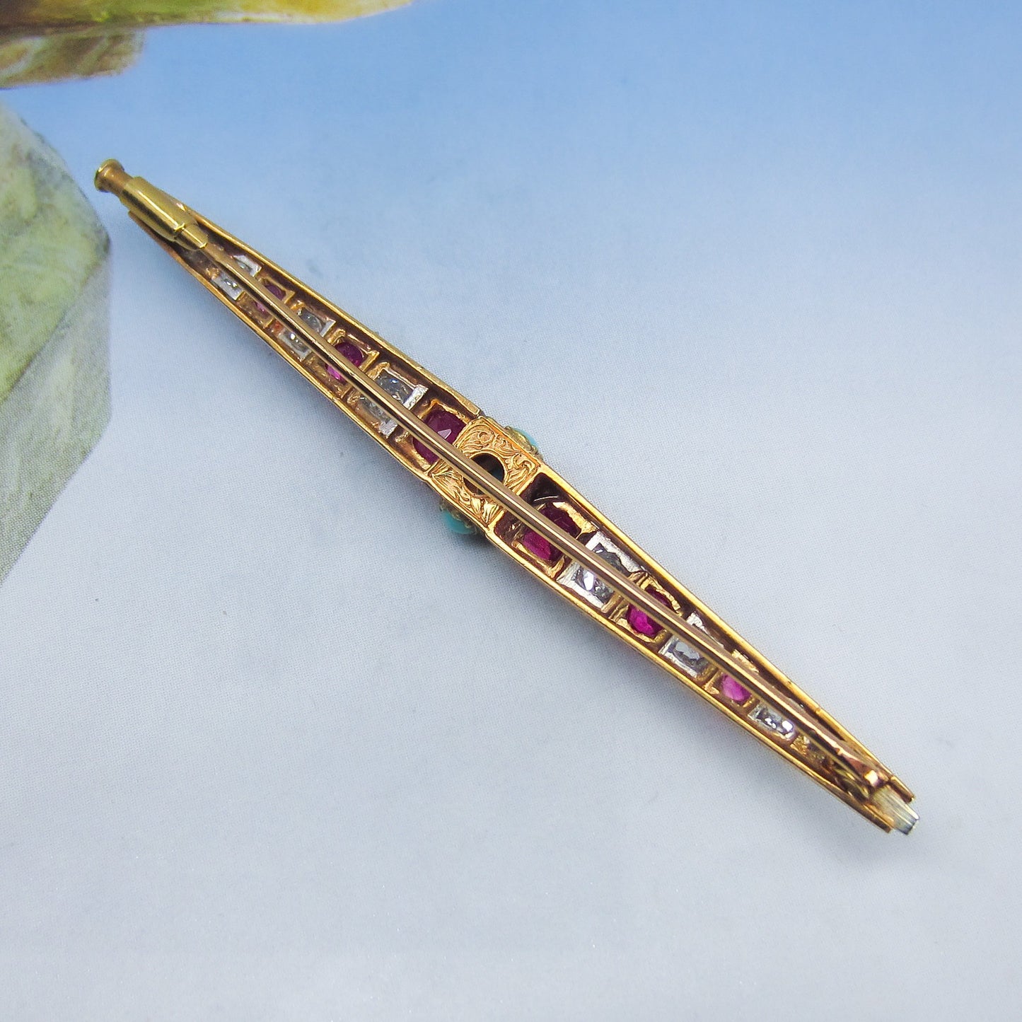 Gorgeous Art Deco Egyptian Revival Ruby, Diamond and Turquoise Brooch 18k c. 1920