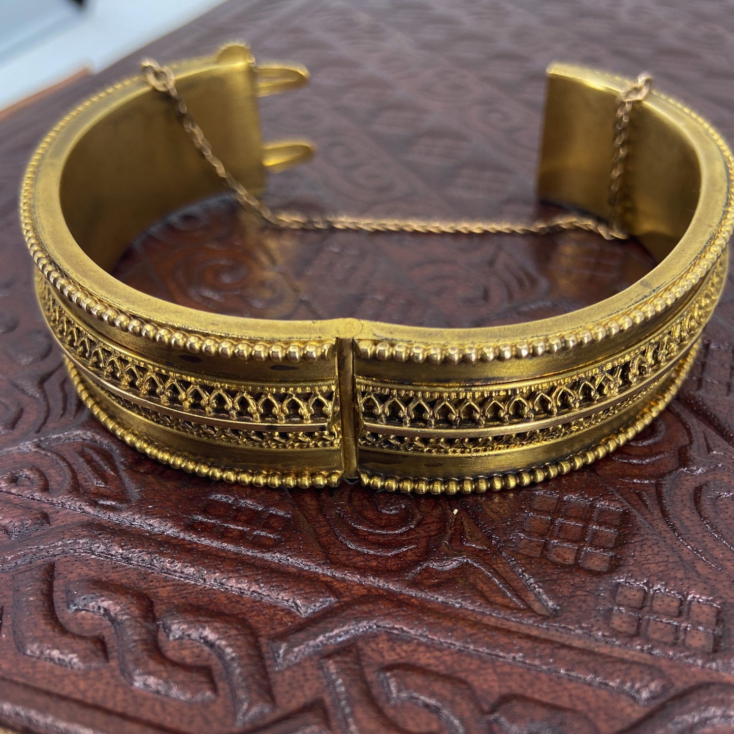 SOLD- Victorian  Etruscan Revival Hinged Bangle Gold-fill c. 1880