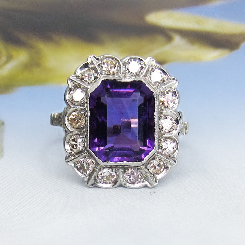 SOLD--Vintage Amethyst and Diamond Cluster Ring Platinum c. 1940