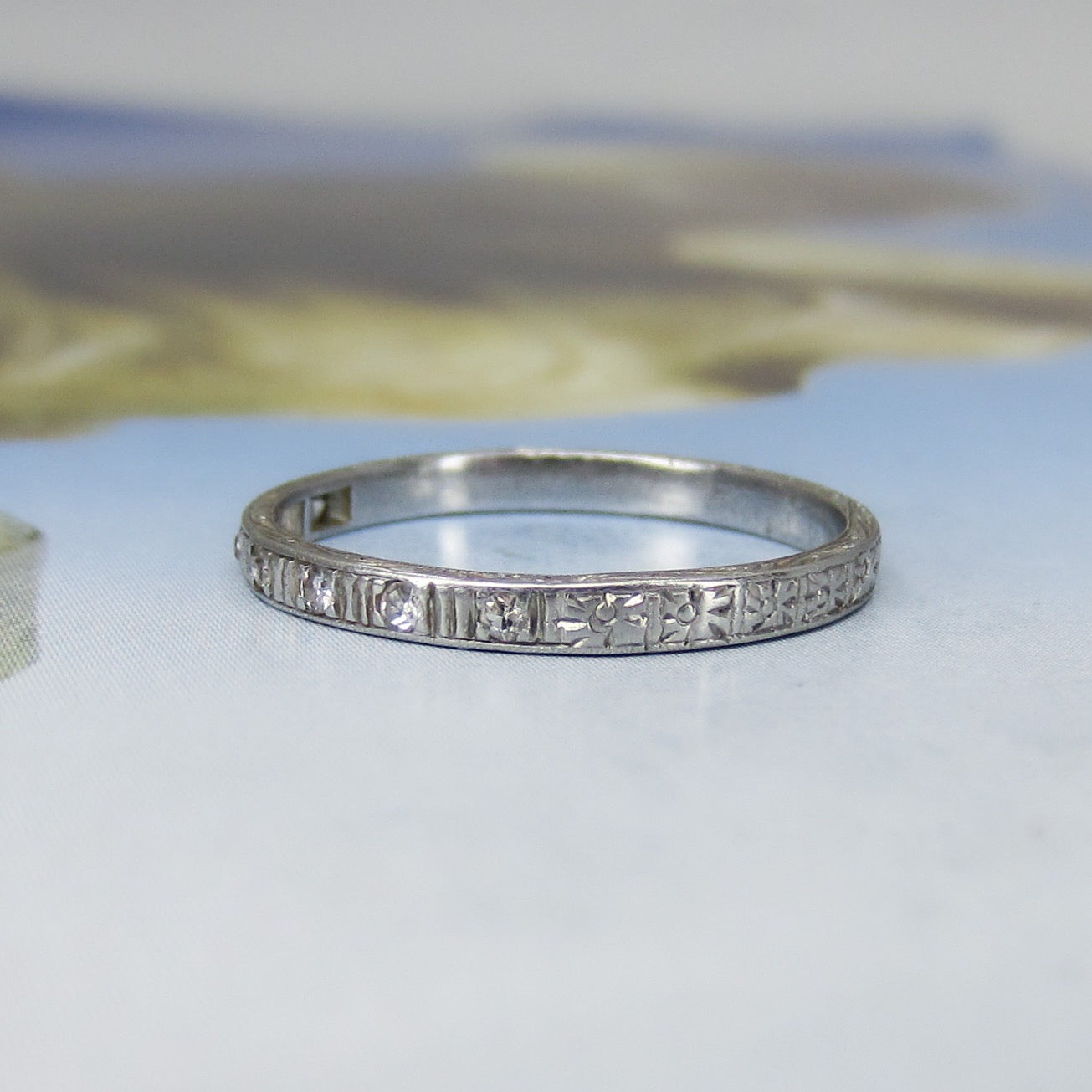 SOLD-Art Deco Diamond Engraved Band Platinum c. 1920