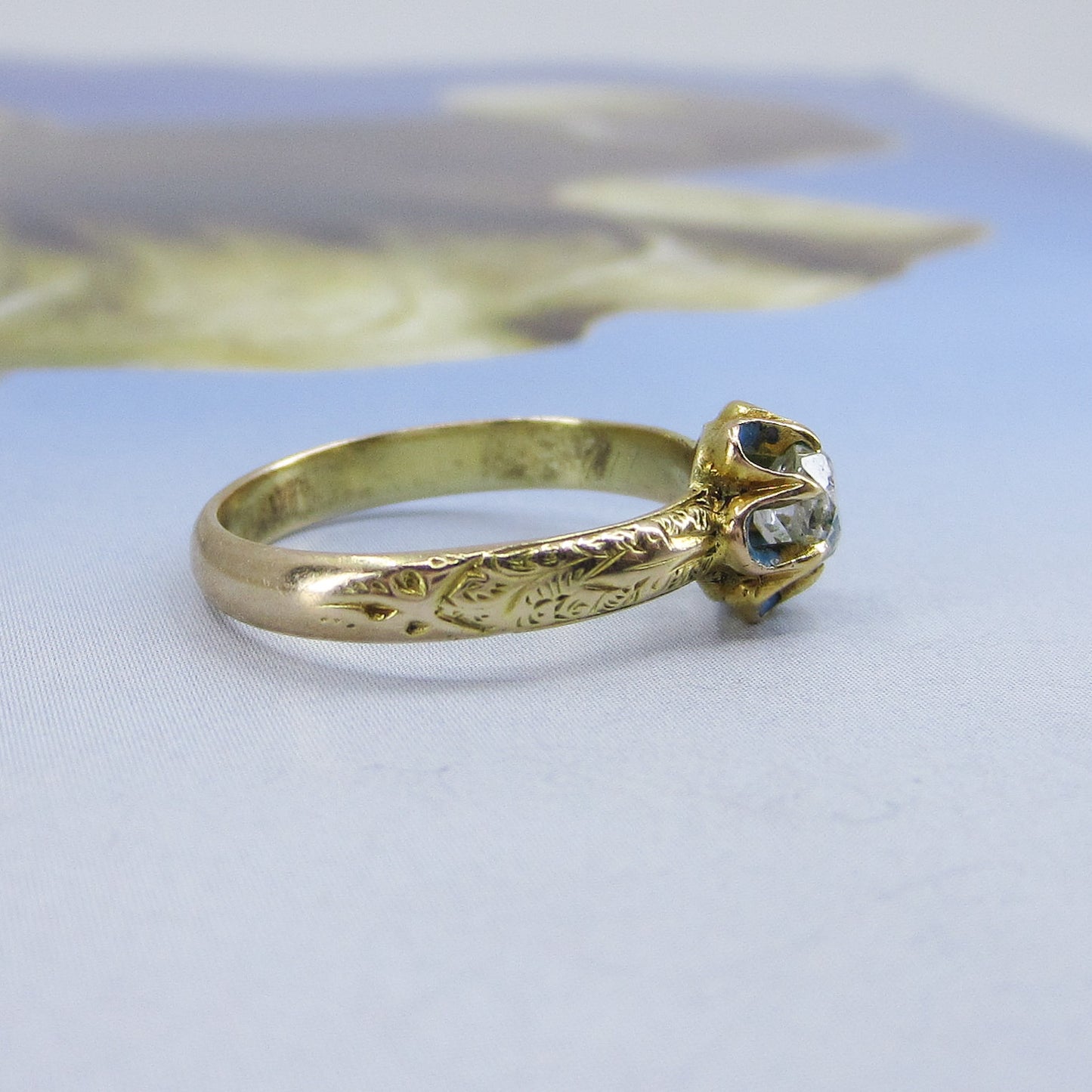 SOLD-Victorian Old Mine Diamond and Enamel Engraved Band Ring 14k c. 1840