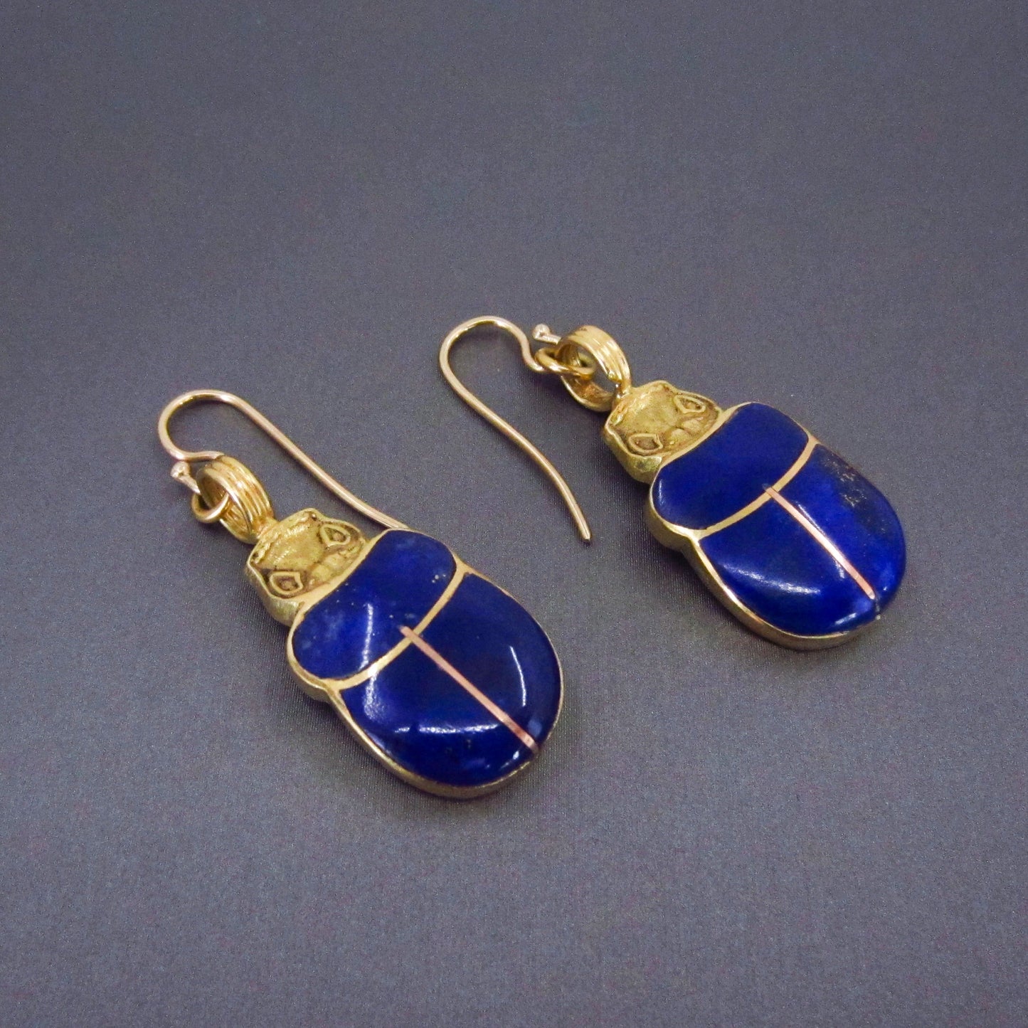 SOLD--Vintage Lapis Scarab Earrings 18k, Italy c. 1990