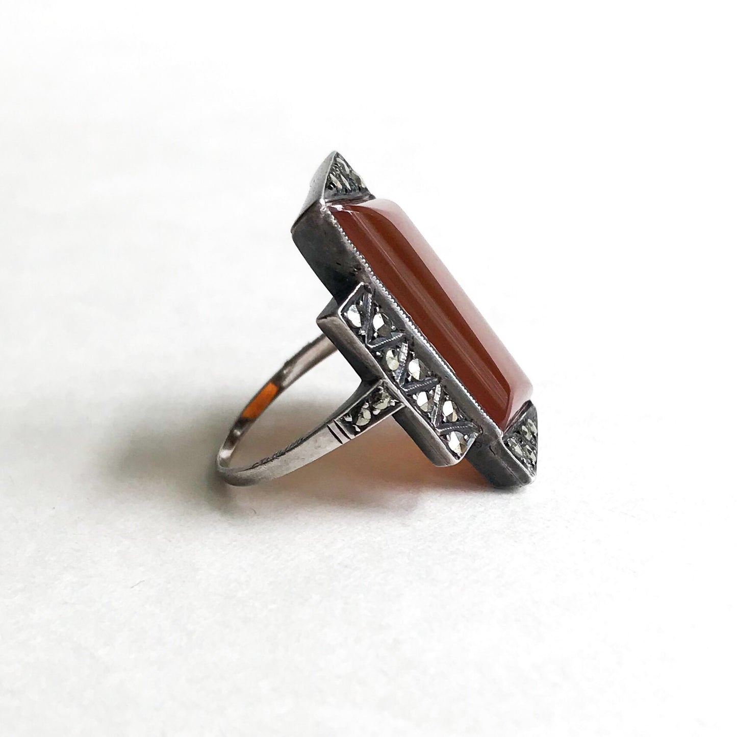 Art Deco Long Carnelian and Marcasite Ring Sterling c. 1930