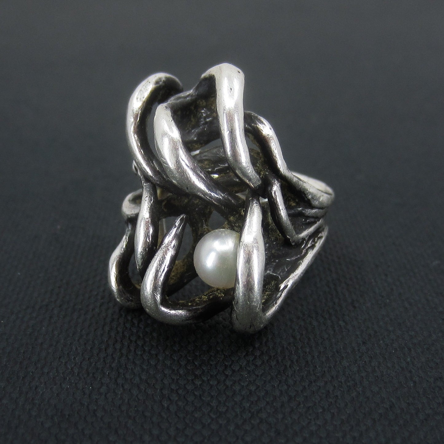 SOLD--Modernist Pearl Sculptural Ring Sterling, Eben Haskell c. 1970