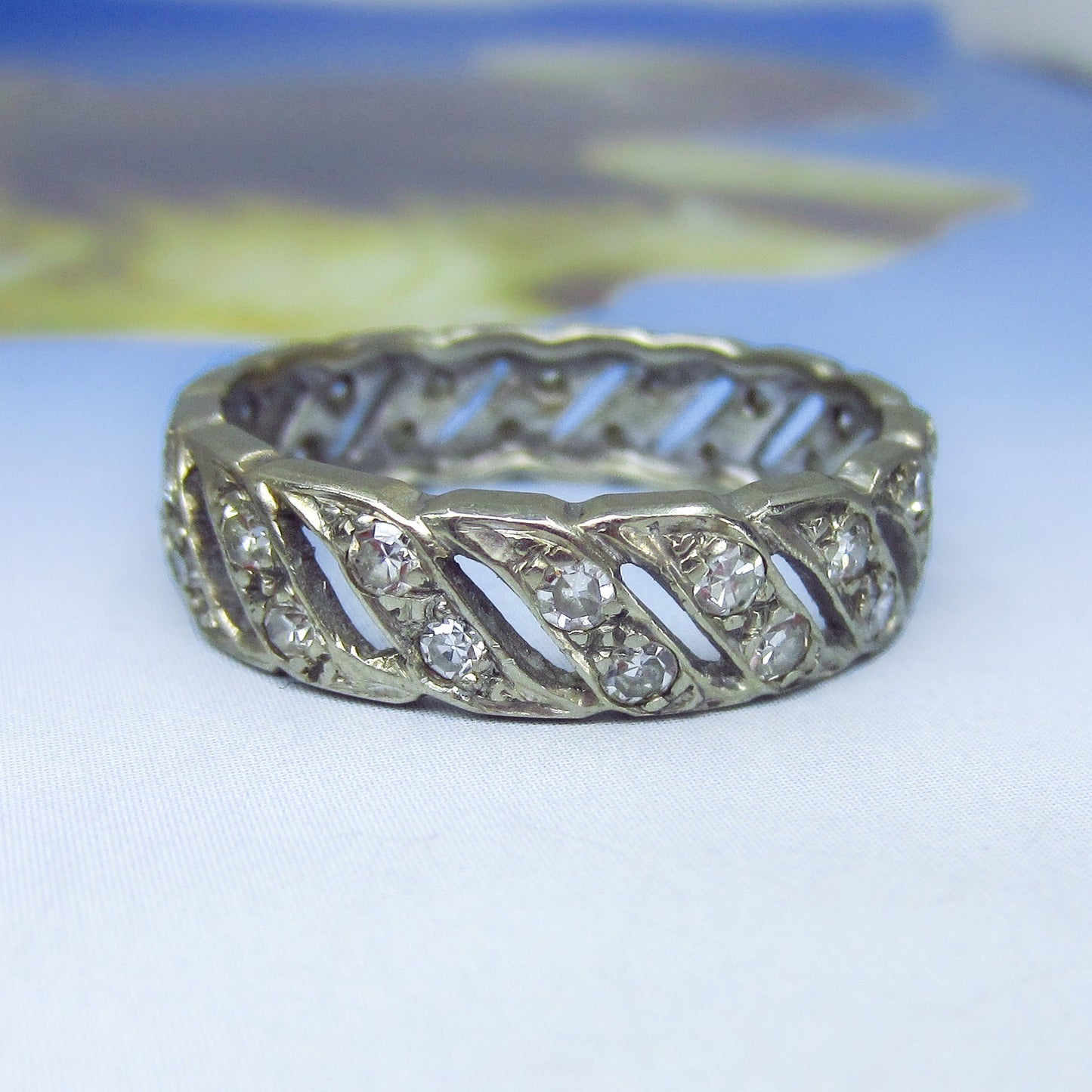 SOLD-Art Deco Wide Diamond Eternity Band 14k, size 10 c. 1930