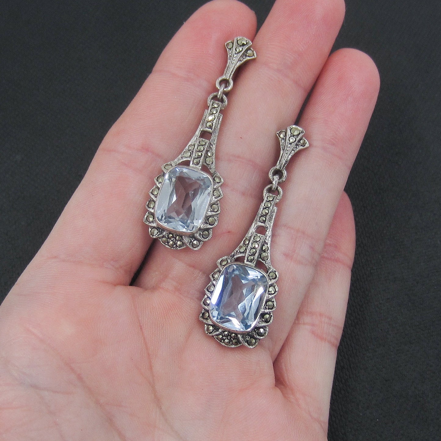 SOLD--Art Deco Marcasite and Synthetic Blue Spinel Drop Earrings Sterling c. 1930