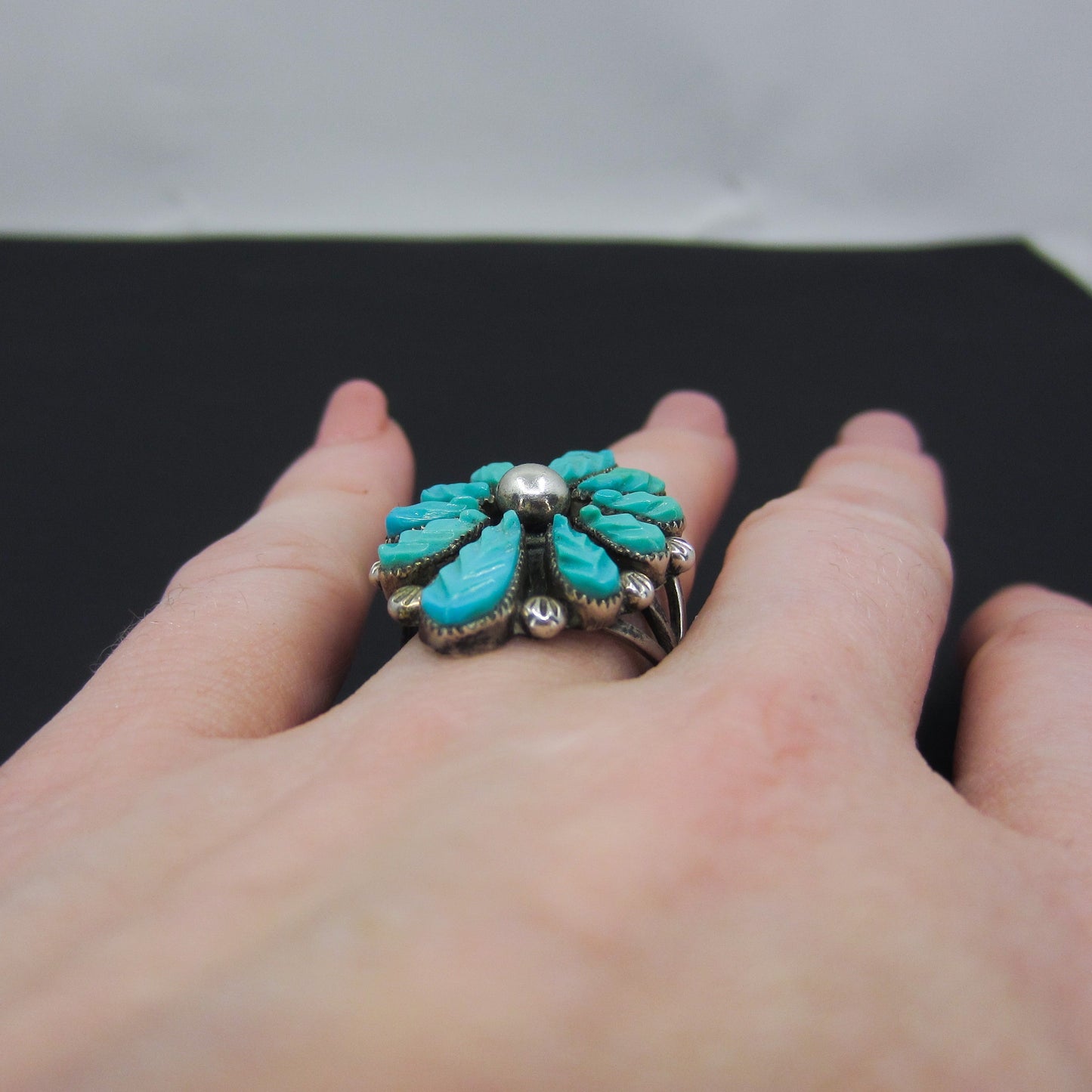 SOLD--Vintage Zuni Carved Turquoise Petit Point Ring Sterling c. 1970