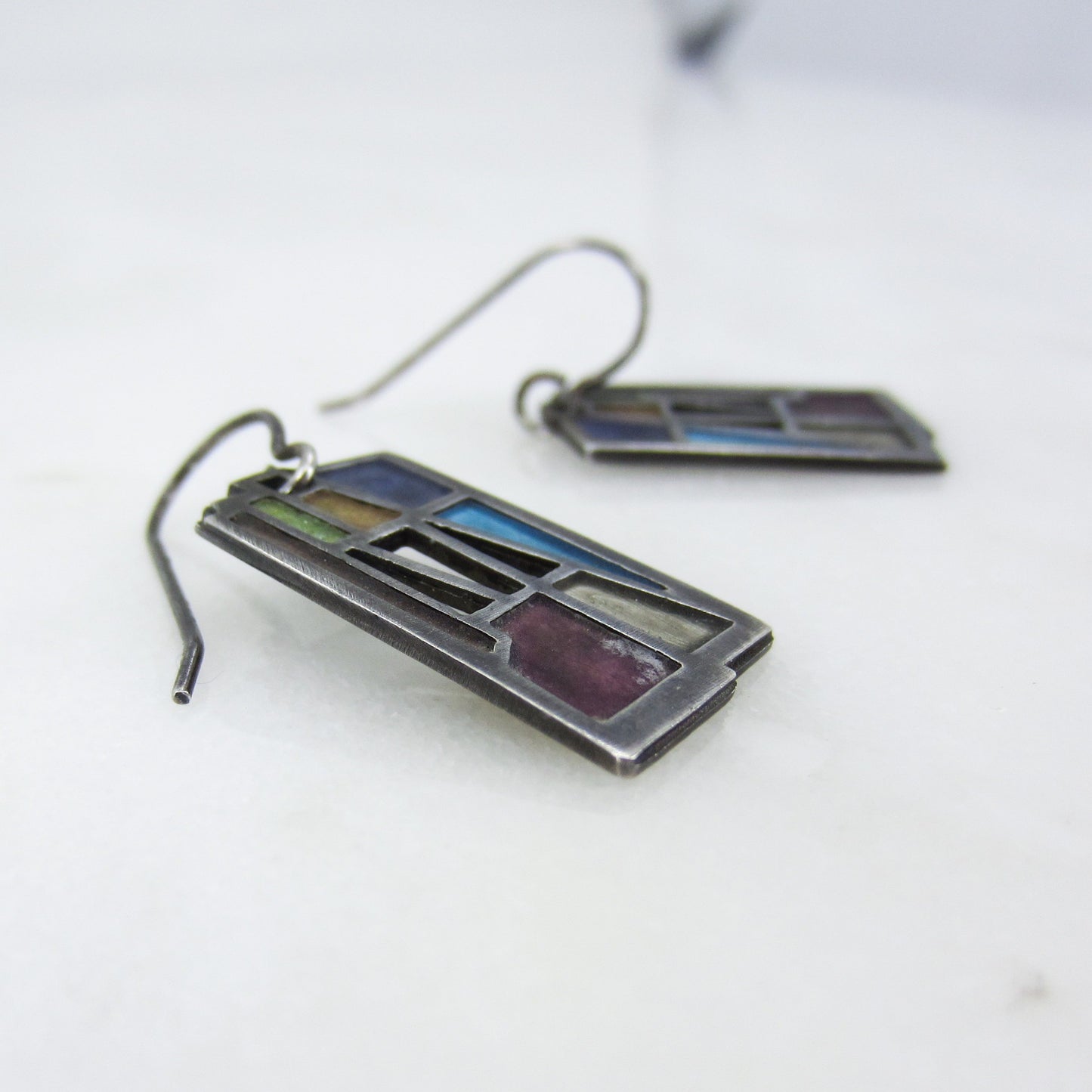 SOLD--Post-Modern Enamel Drop Earrings Sterling, Carly Wright