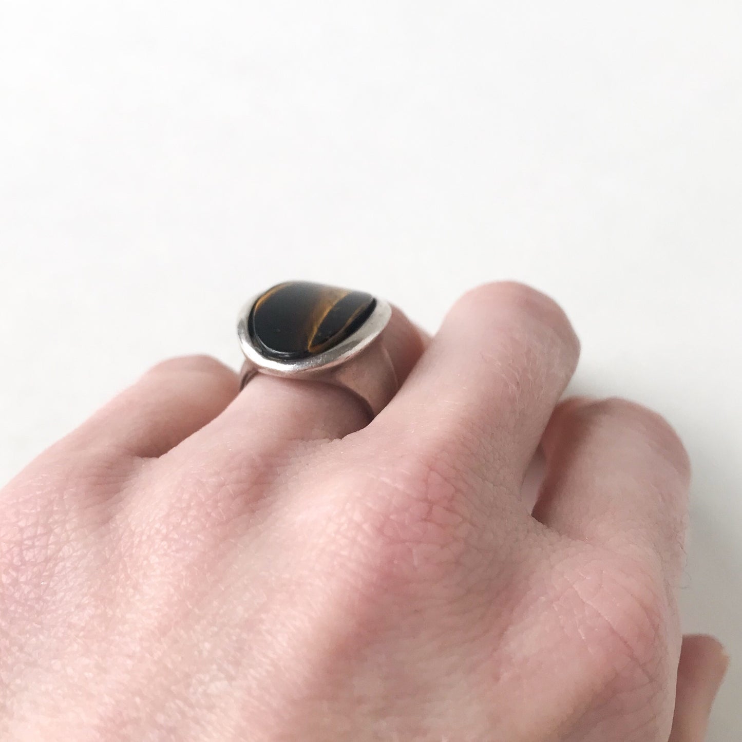 SOLD--Modernist Tigers Eye Signet Ring Sterling c. 1970