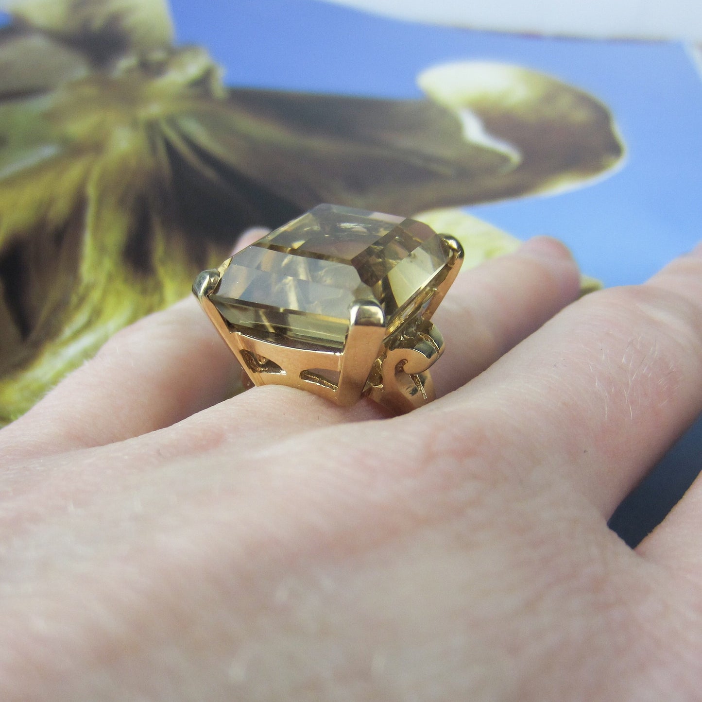 Glam Mid-Century Citrine Cocktail Ring 14k c. 1960