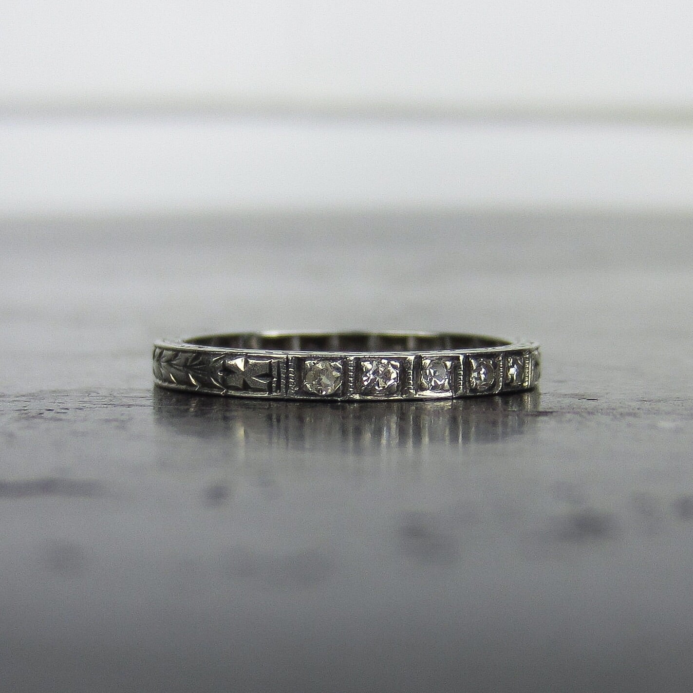 SOLD--Art Deco Five Diamond Engraved Band 18k c. 1930