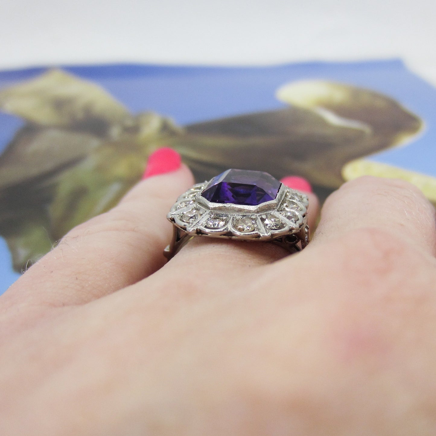 SOLD--Vintage Amethyst and Diamond Cluster Ring Platinum c. 1940