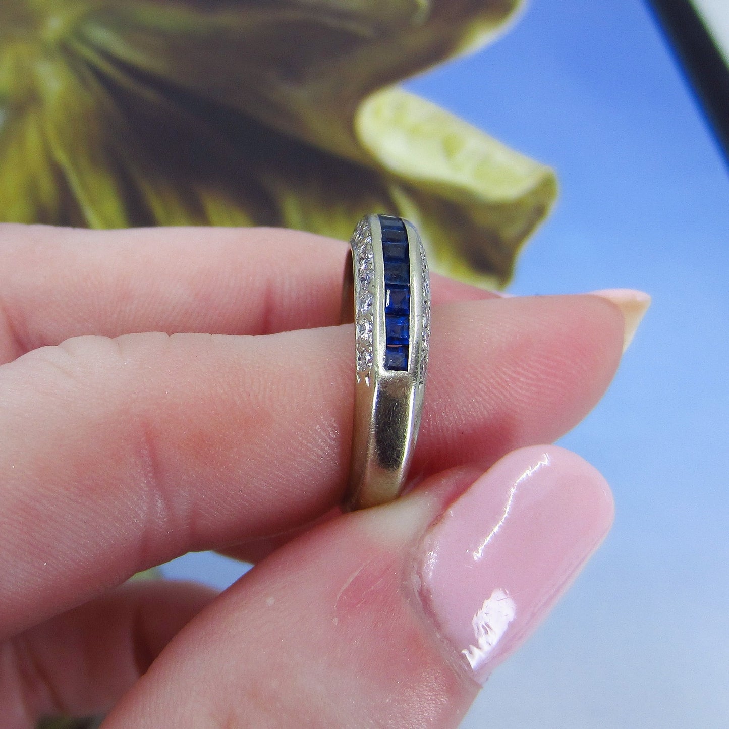 SOLD—Late Art Deco Sapphire and Diamond Band 14k c. 1940