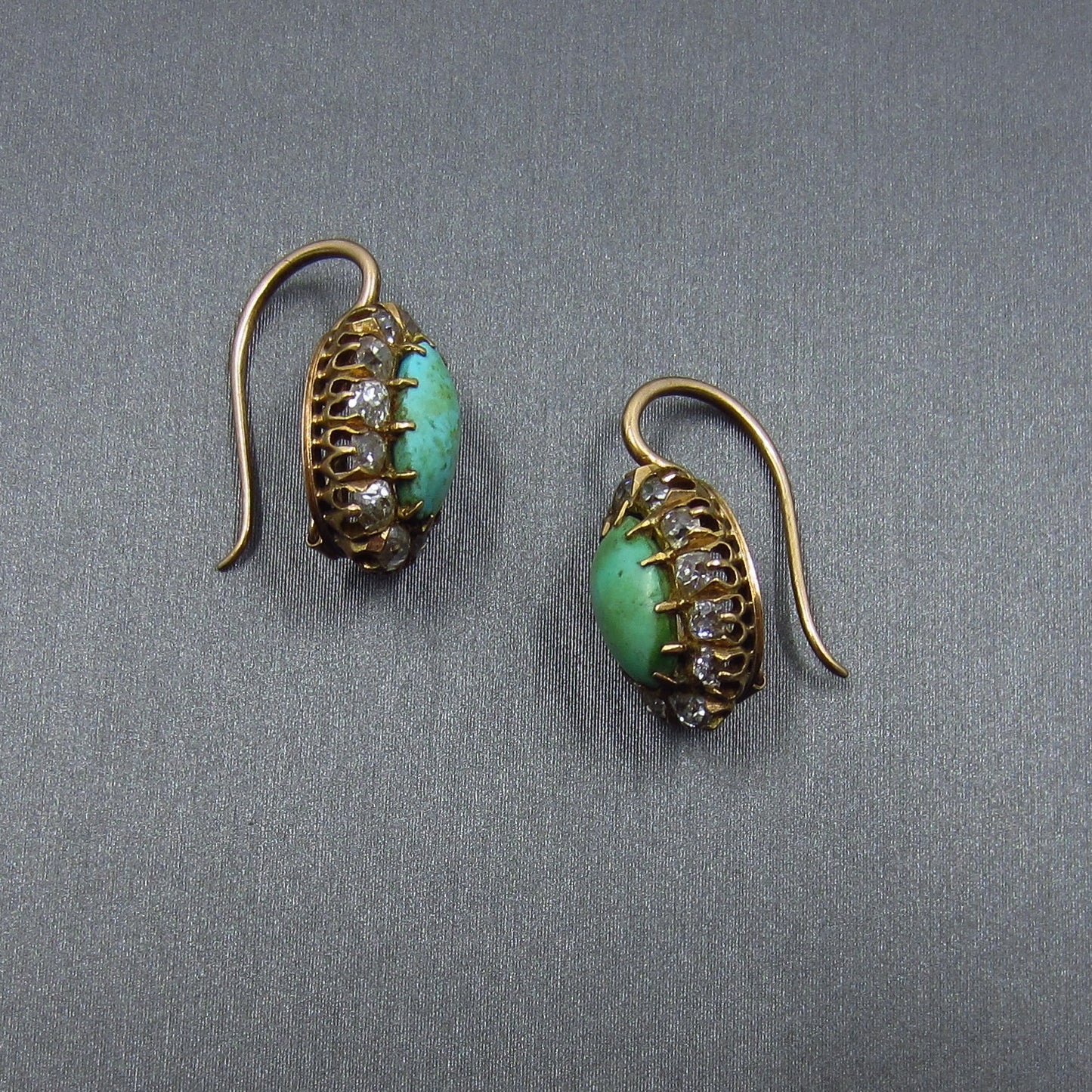 SOLD—Victorian Turquoise and Old Mine Diamond Earrings 14k c. 1880