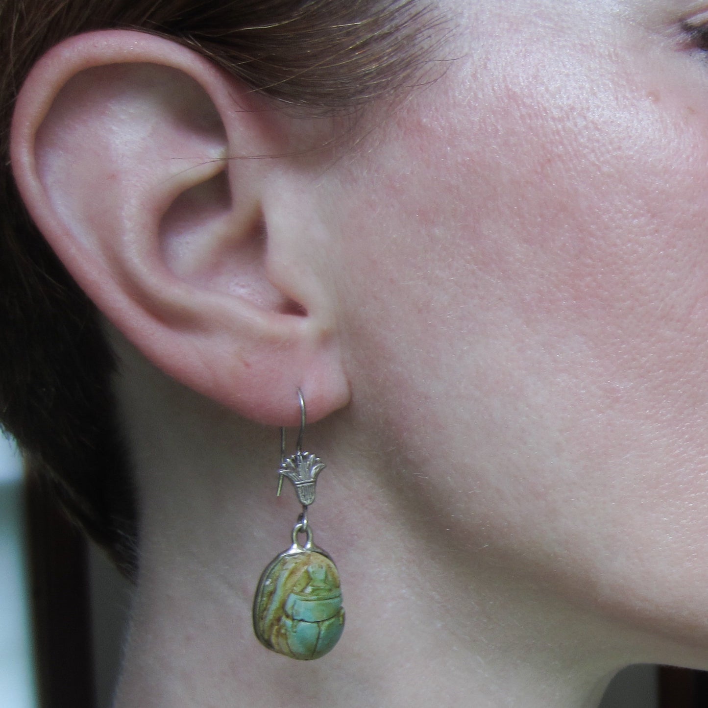 SOLD--Vintage Egyptian Revival Faience Scarab Earrings Silver c. 1970
