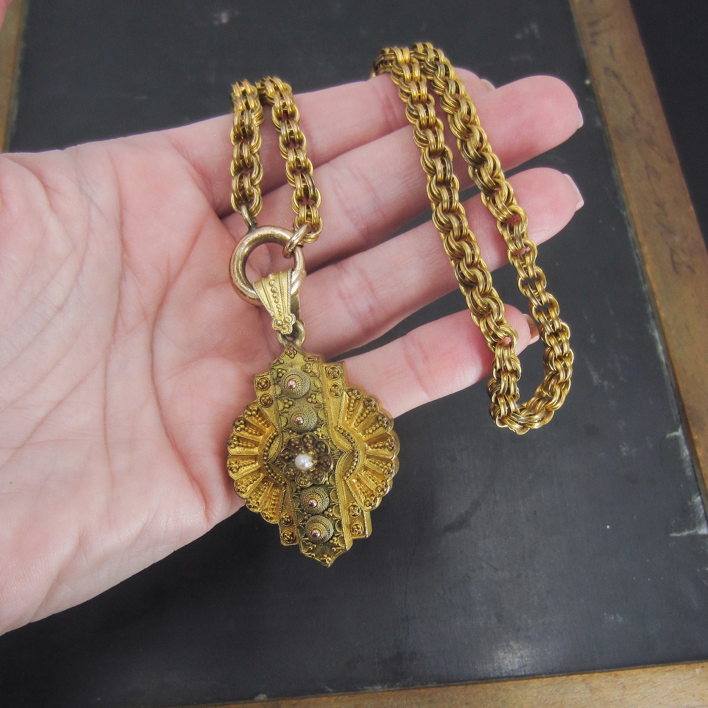 SOLD-Victorian Etruscan Revival Locket and Chain Gold-Filled c. 1880