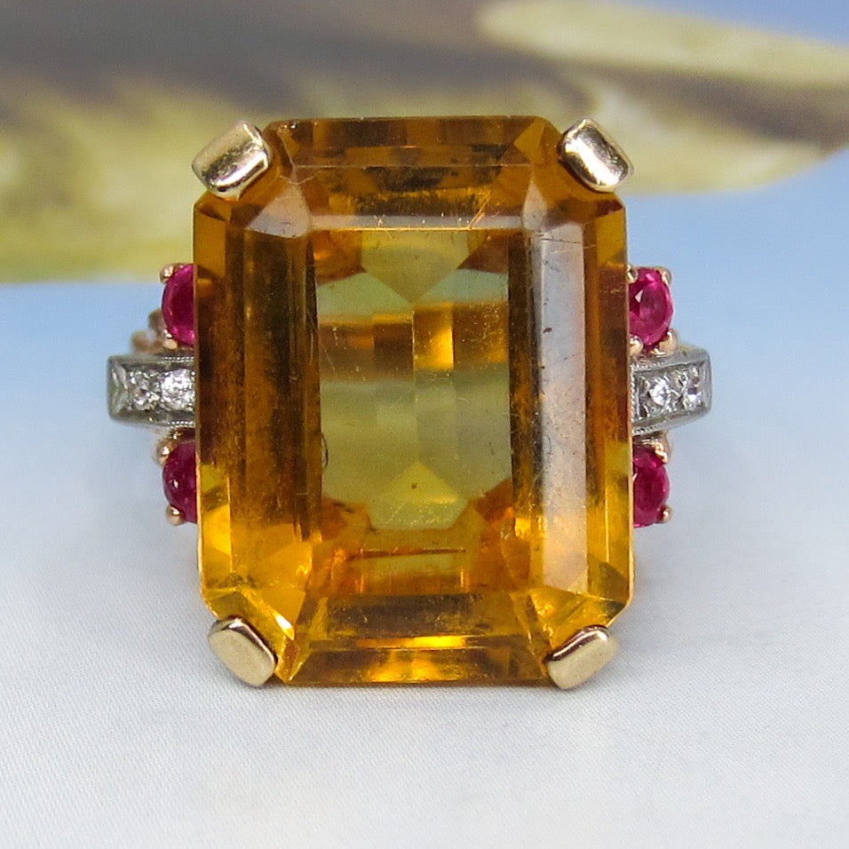 SOLD-Retro Citrine, Ruby and Diamond Cocktail Ring 14k c. 1940