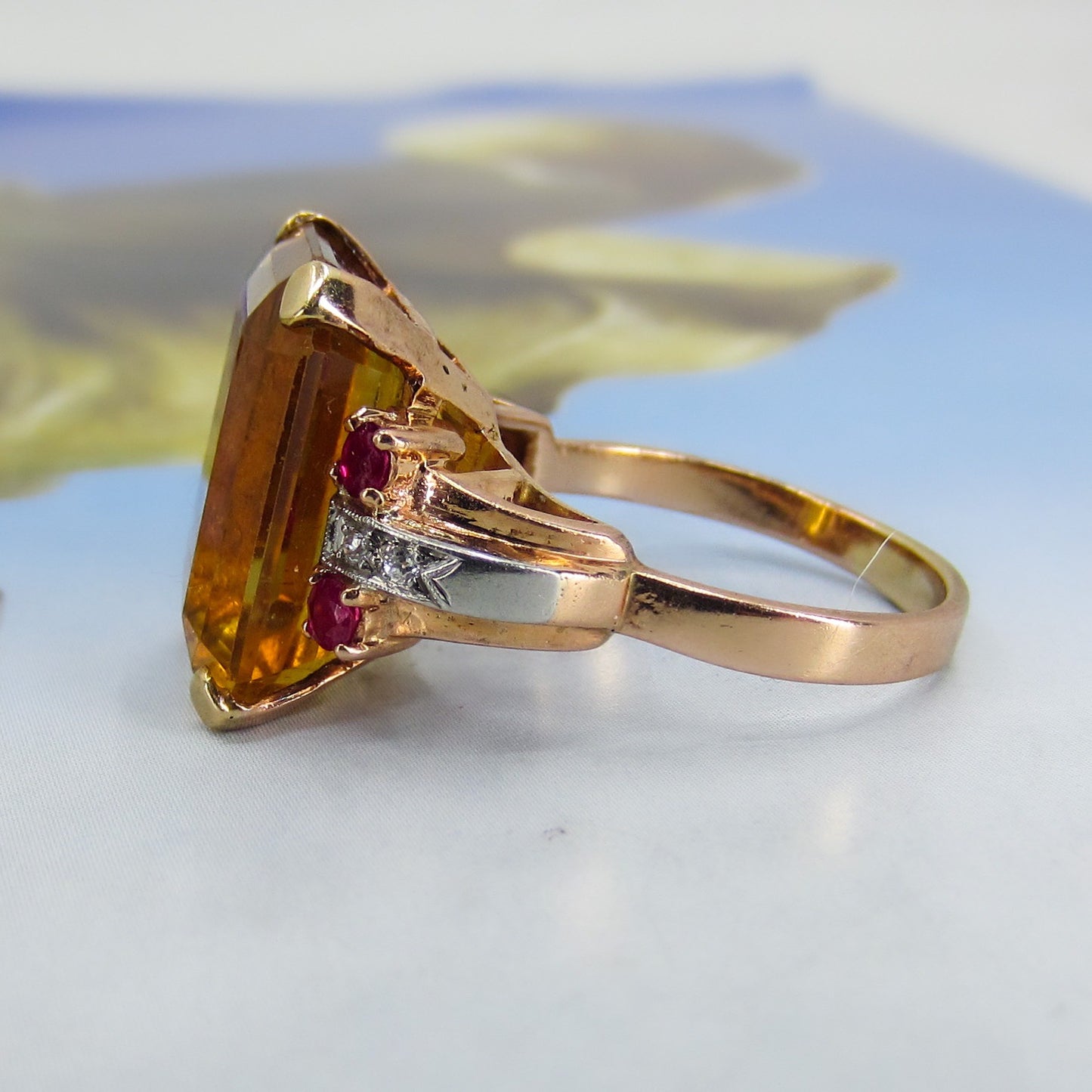 SOLD-Retro Citrine, Ruby and Diamond Cocktail Ring 14k c. 1940