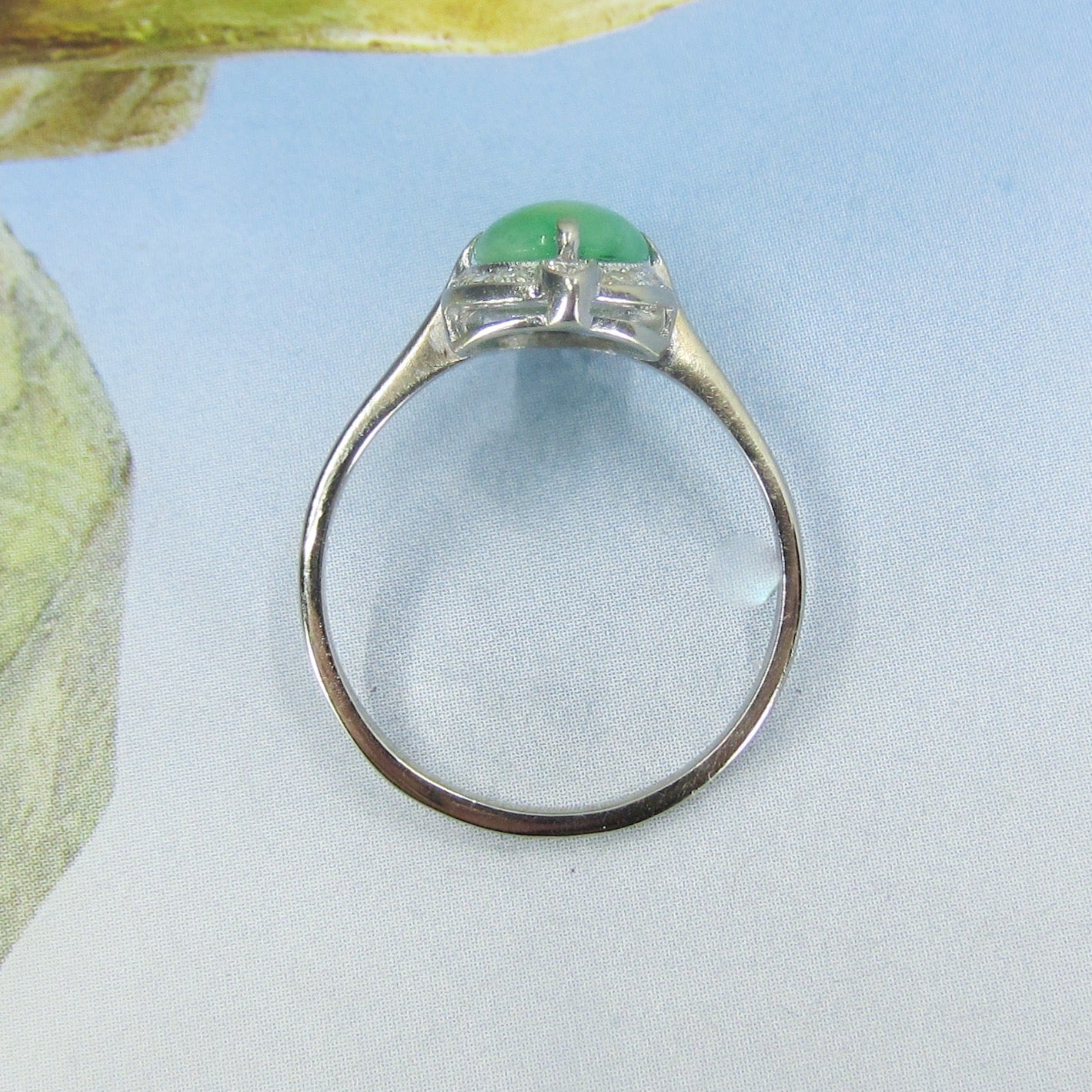 SOLD--Late Art Deco Jade and Diamond Ring 14k c. 1940