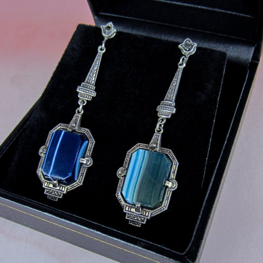 SOLD--Art Deco Banded Agate and Marcasite Earrings Sterling c. 1930