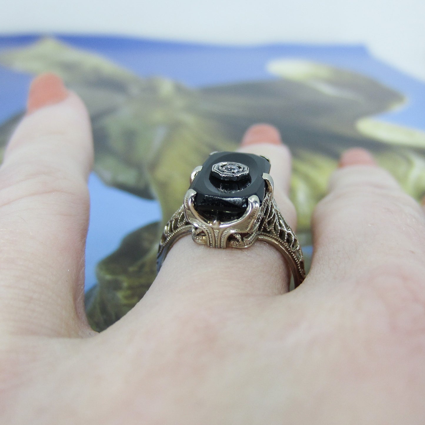 SOLD--Art Deco Onyx and Diamond Filigree Ring 14k c. 1930