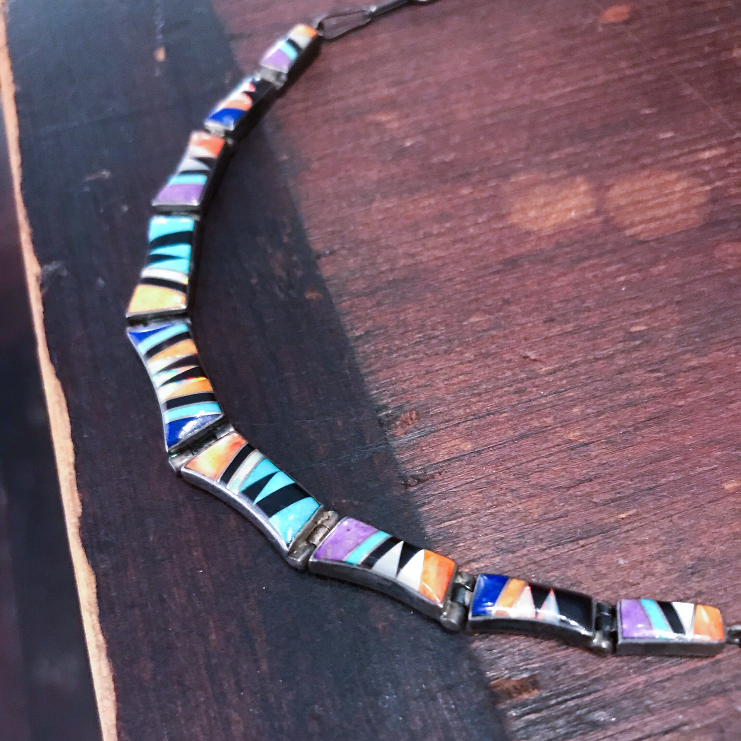 SOLD--Vintage Navajo Inlay Necklace Sterling c. 1980