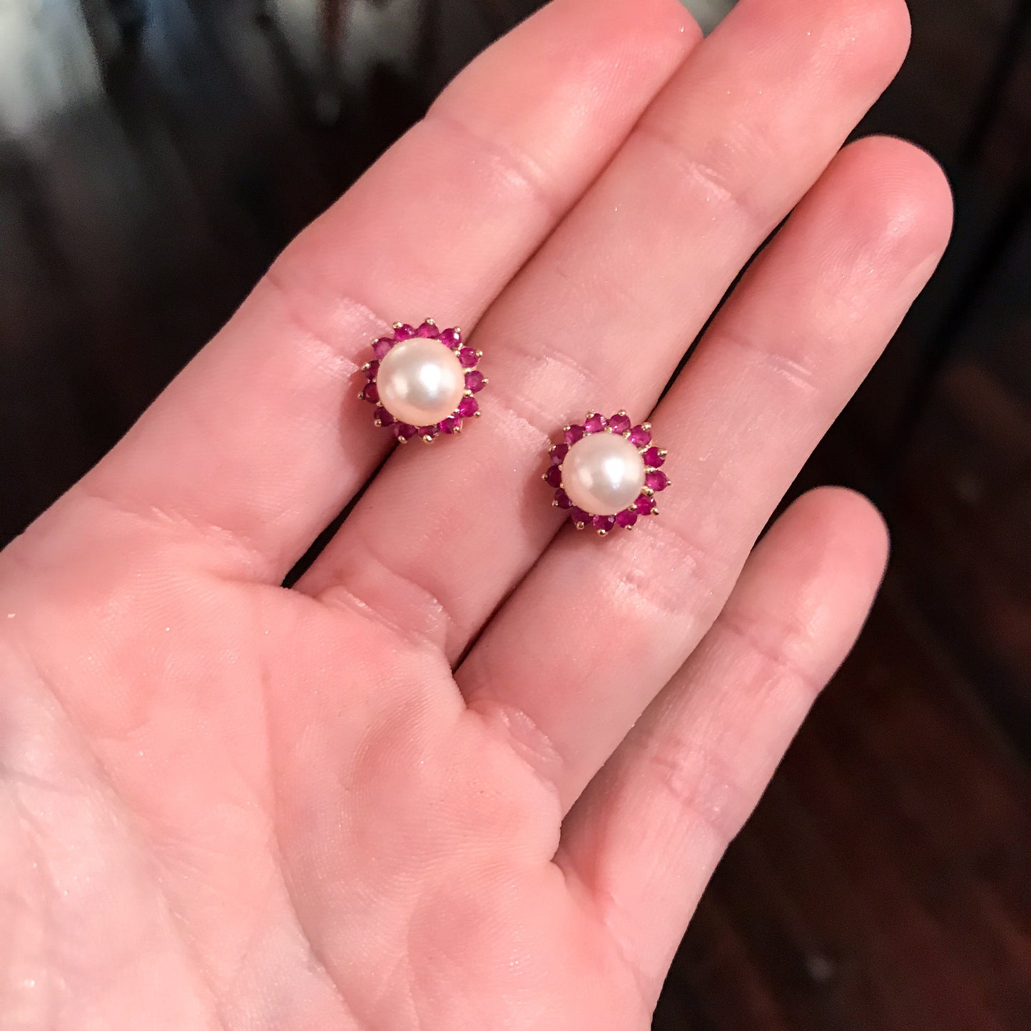 SOLD--Estate Pearl and Ruby Earrings 14k