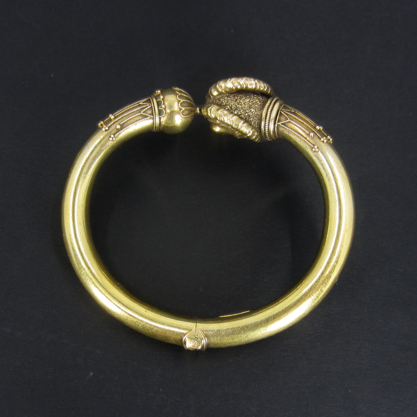 SOLD--Victorian Etruscan Revival Rams Head Hinged Bangle 14k c. 1880