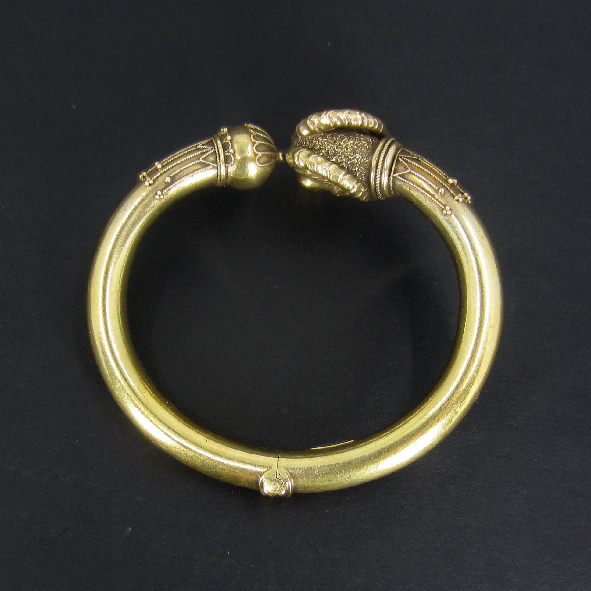 SOLD--Victorian Etruscan Revival Rams Head Hinged Bangle 14k c. 1880 –  Bavier Brook Antique Jewelry