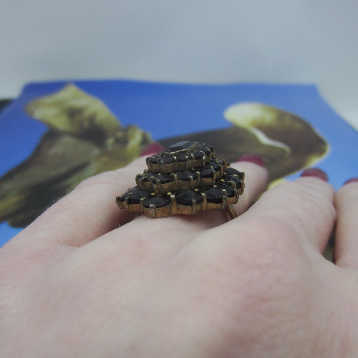 SOLD--Art Deco Huge Bohemian Garnet Cluster Ring Brass/14k c. 1930