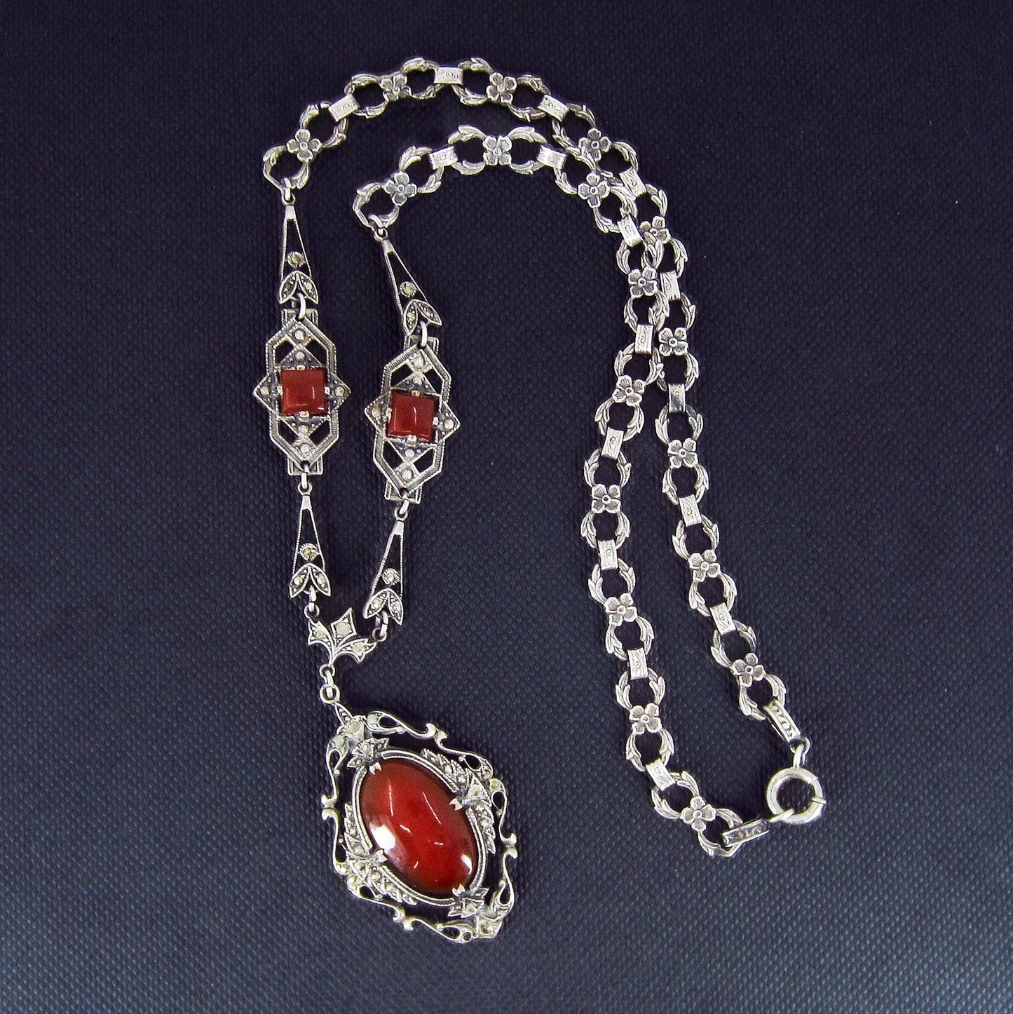 SOLD--Art Deco Carnelian and Marcasite Necklace Sterling c. 1930