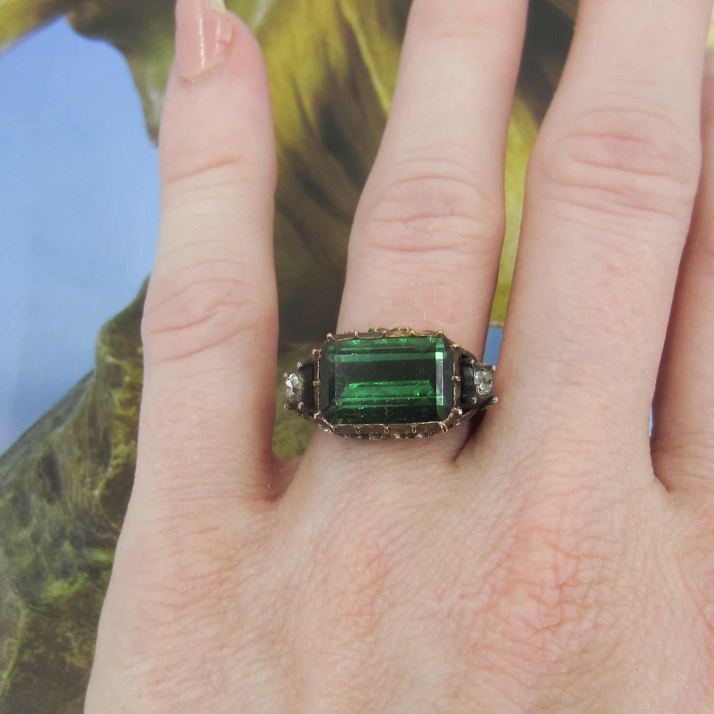 SOLD--Mid-Century Georgian Revival Tourmaline and Diamond Ring 18k c. 1940