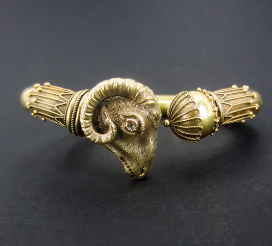 SOLD--Victorian Etruscan Revival Rams Head Hinged Bangle 14k c. 1880