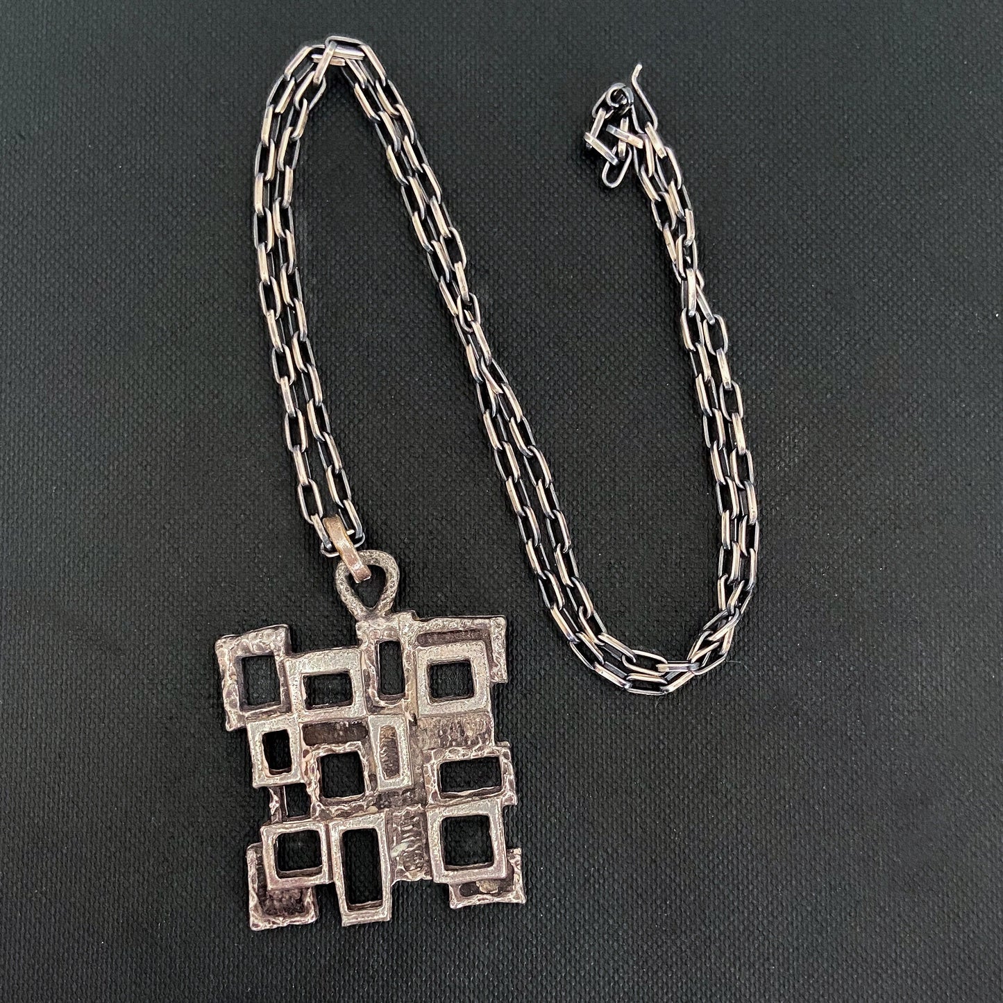 Mid-Century Brutalist Pendant and Chain Sterling c. 1960