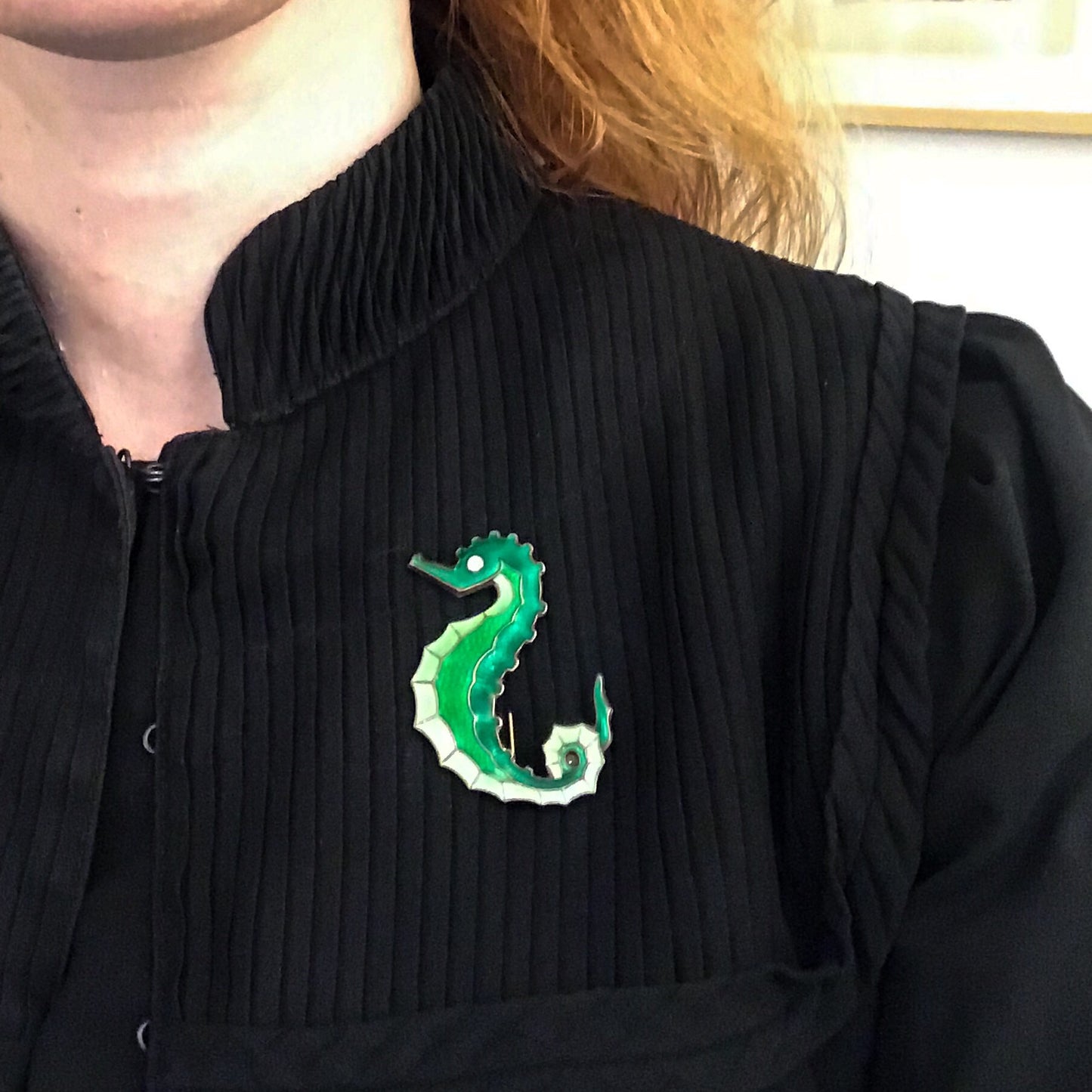 SOLD--Mid-Century Enamel Seahorse Brooch Sterling, David Andersen c. 1960