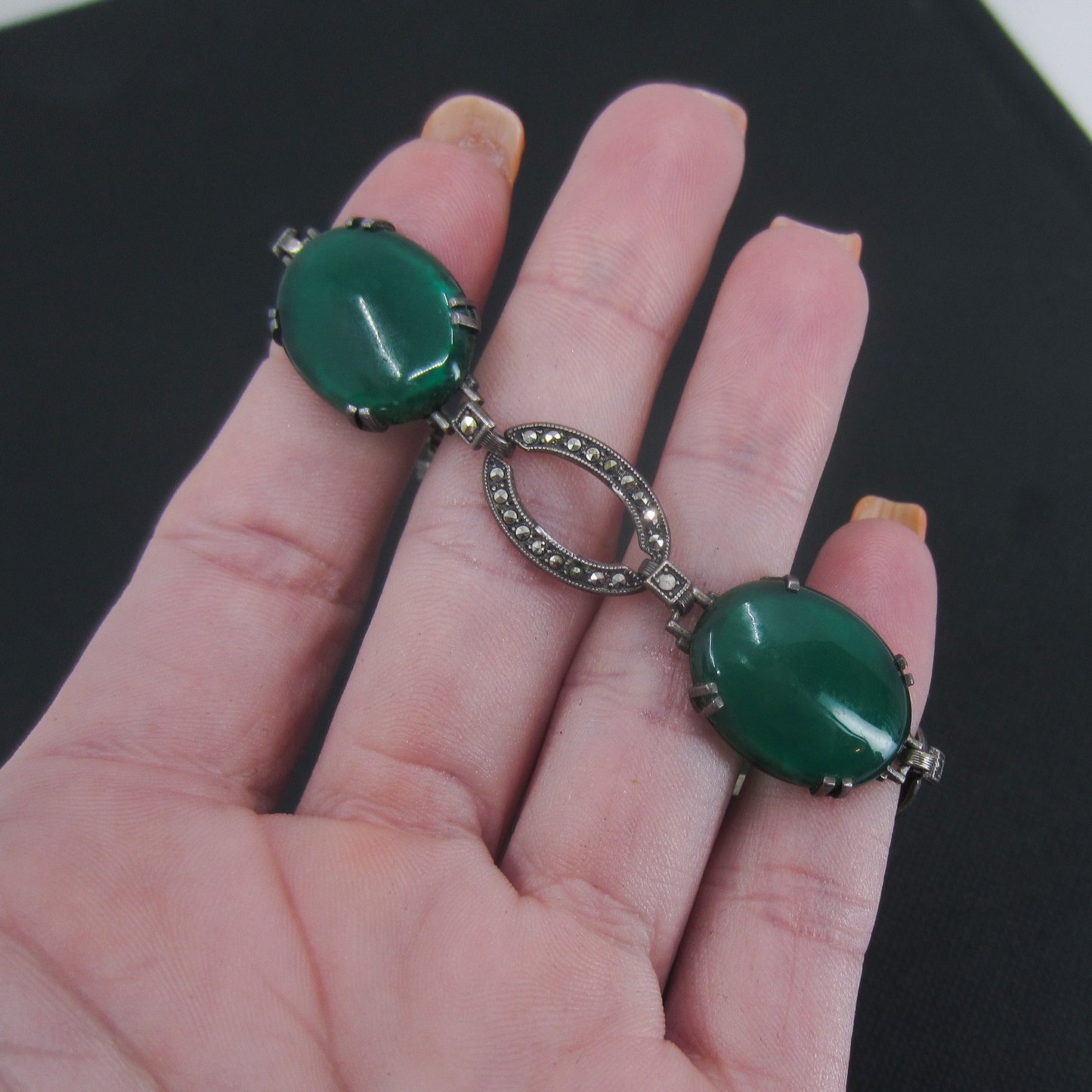 SOLD--Art Deco Green Chalcedony and Marcasite Bracelet Sterling c. 1930