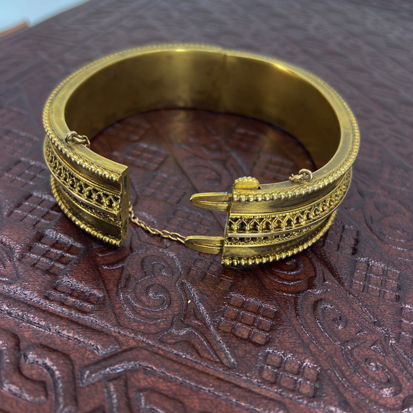 SOLD- Victorian  Etruscan Revival Hinged Bangle Gold-fill c. 1880