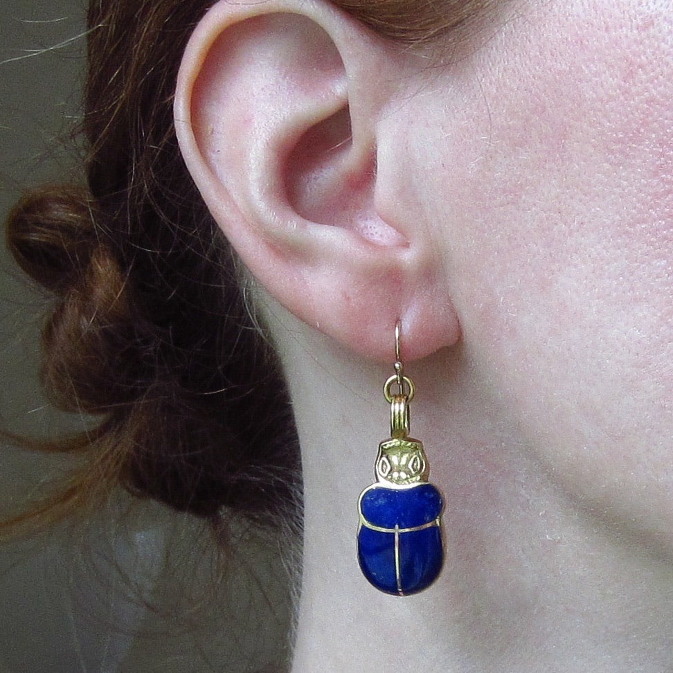 SOLD--Vintage Lapis Scarab Earrings 18k, Italy c. 1990