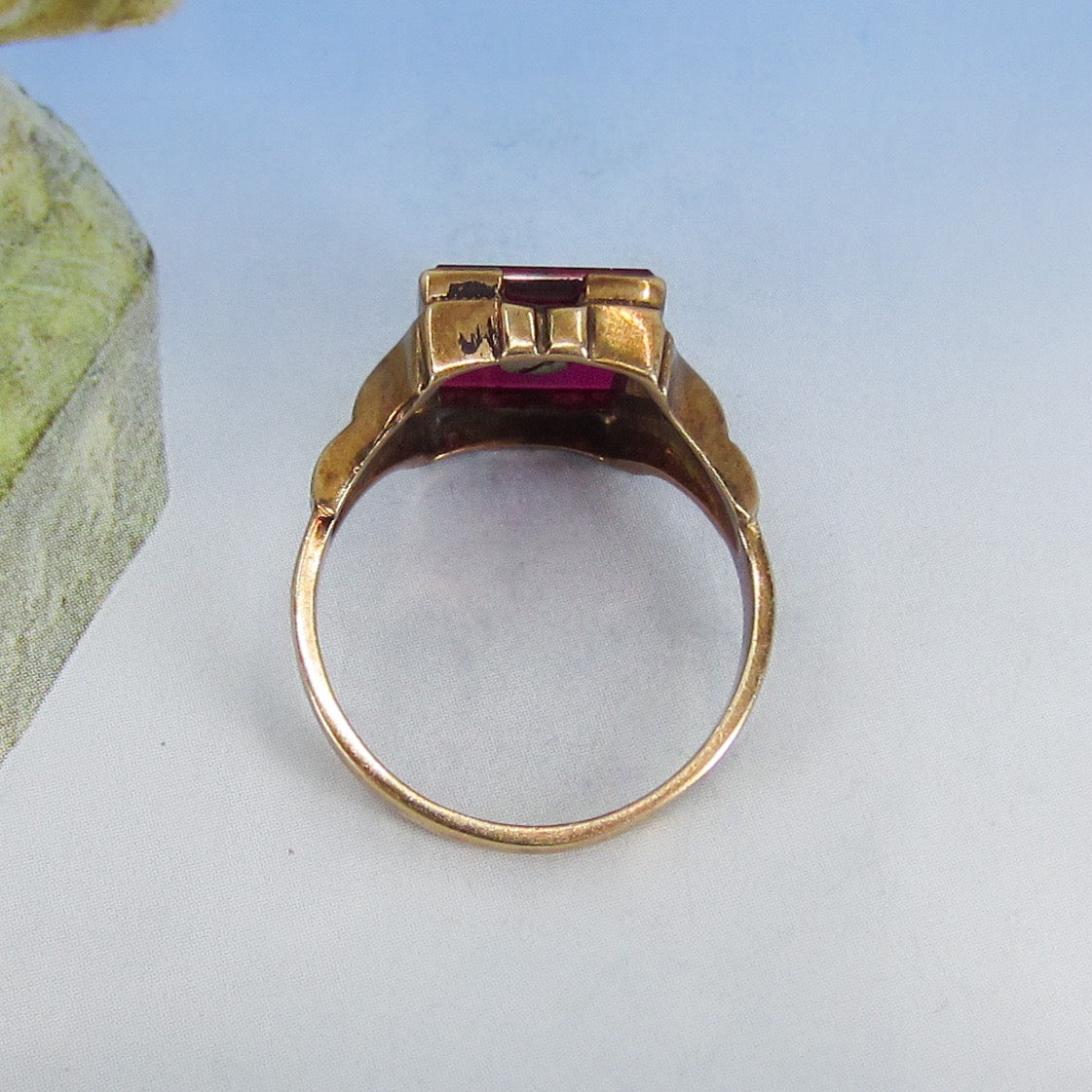 SOLD--Art Déco Synthetic Ruby “D” Initial Signet Ring 10k c. 1920