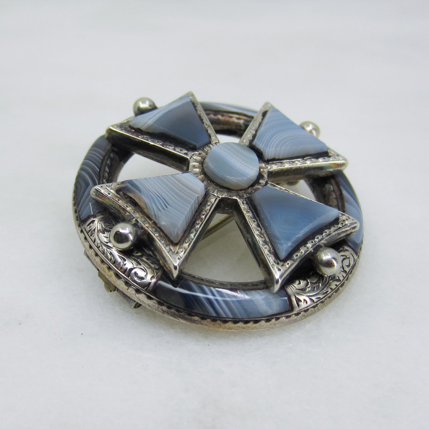 SOLD-Victorian Scottish Blue Agate Maltese Cross Brooch Sterling c. 1880