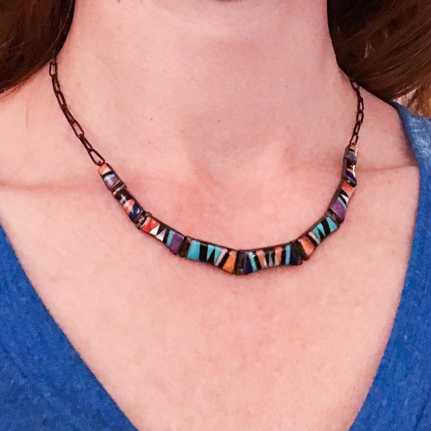 SOLD--Vintage Navajo Inlay Necklace Sterling c. 1980