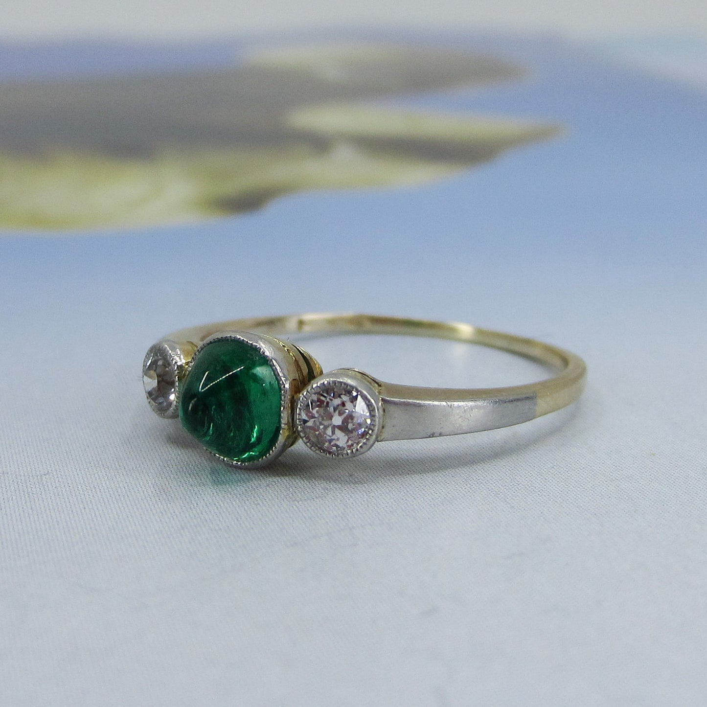 SOLD-Art Deco Cabochon Emerald and Old Euro Diamond Ring Platinum/14k c. 1930