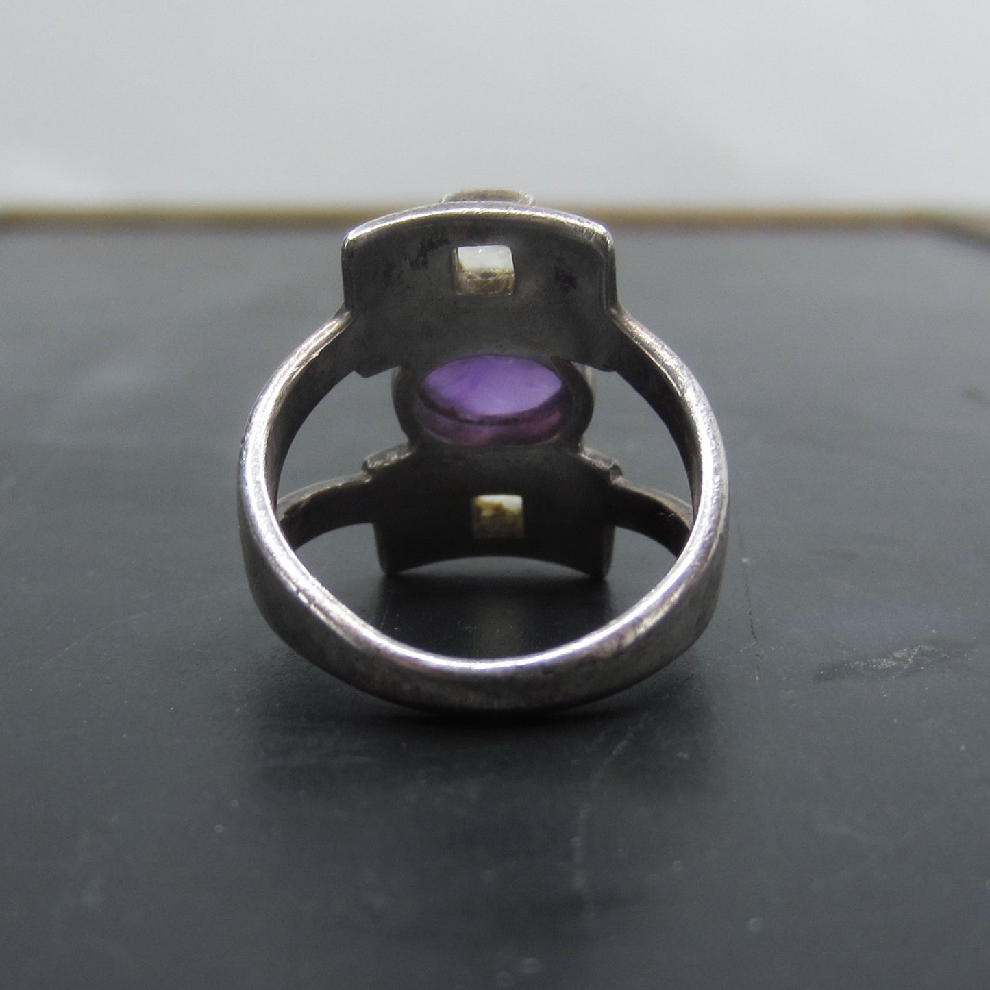 SOLD--Post-Modern Amethyst and Moonstone Ring Sterling c. 1990