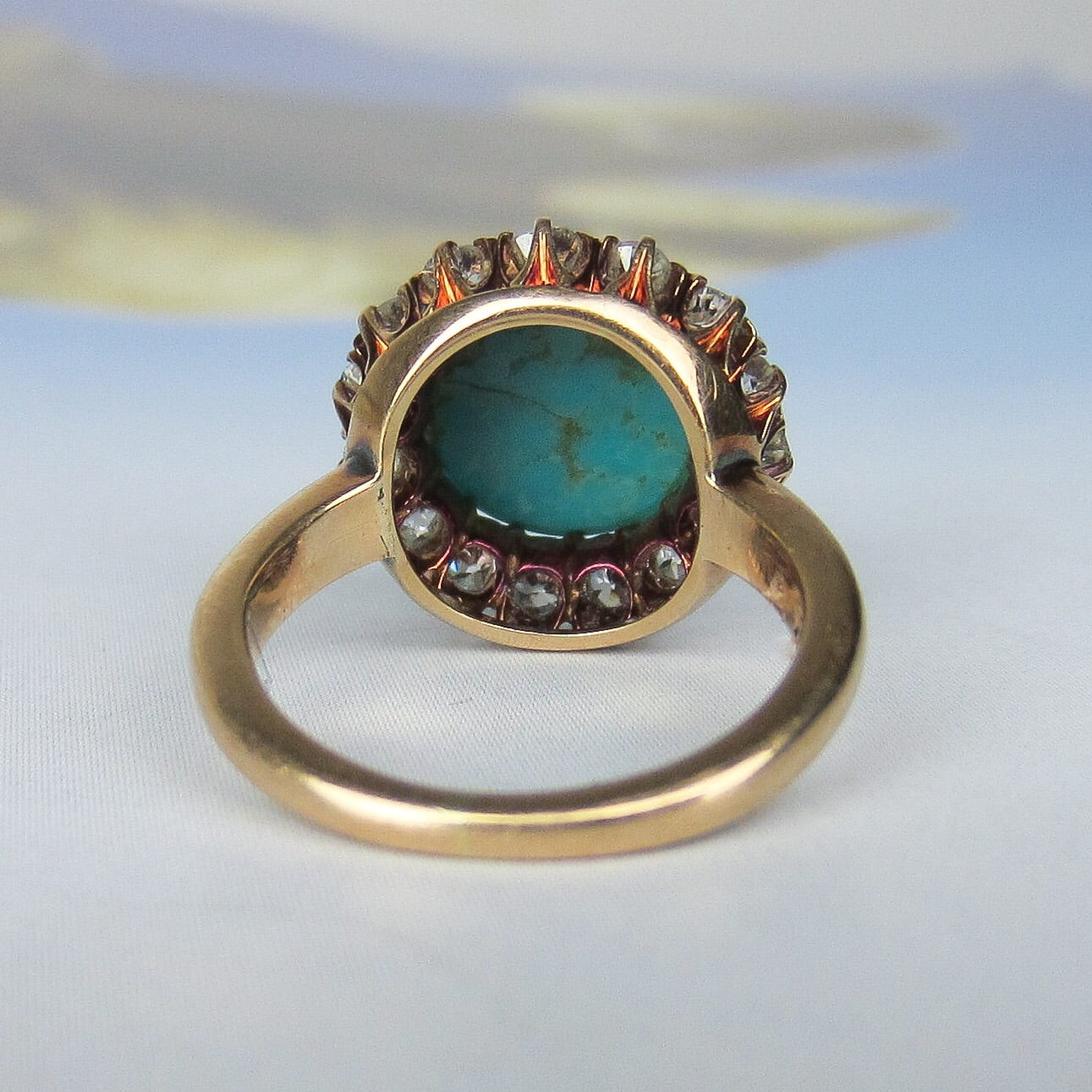 SOLD--Edwardian Turquoise and Diamond Cluster Ring 14k c. 1900