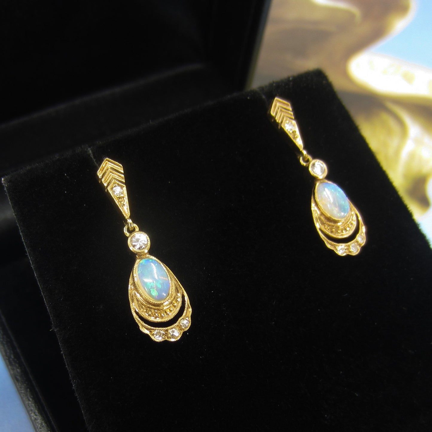 SOLD-Vintage Opal and Diamond Drop Earrings 14k