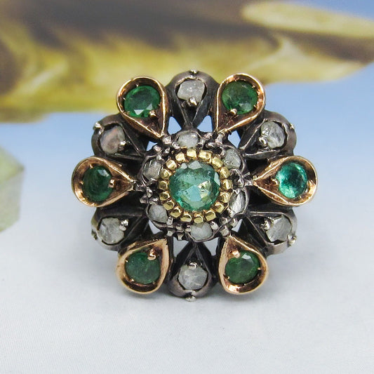 Mid-Century Renaissance Revival Emerald and Diamond Cluster Ring Silver/14k c. 1940