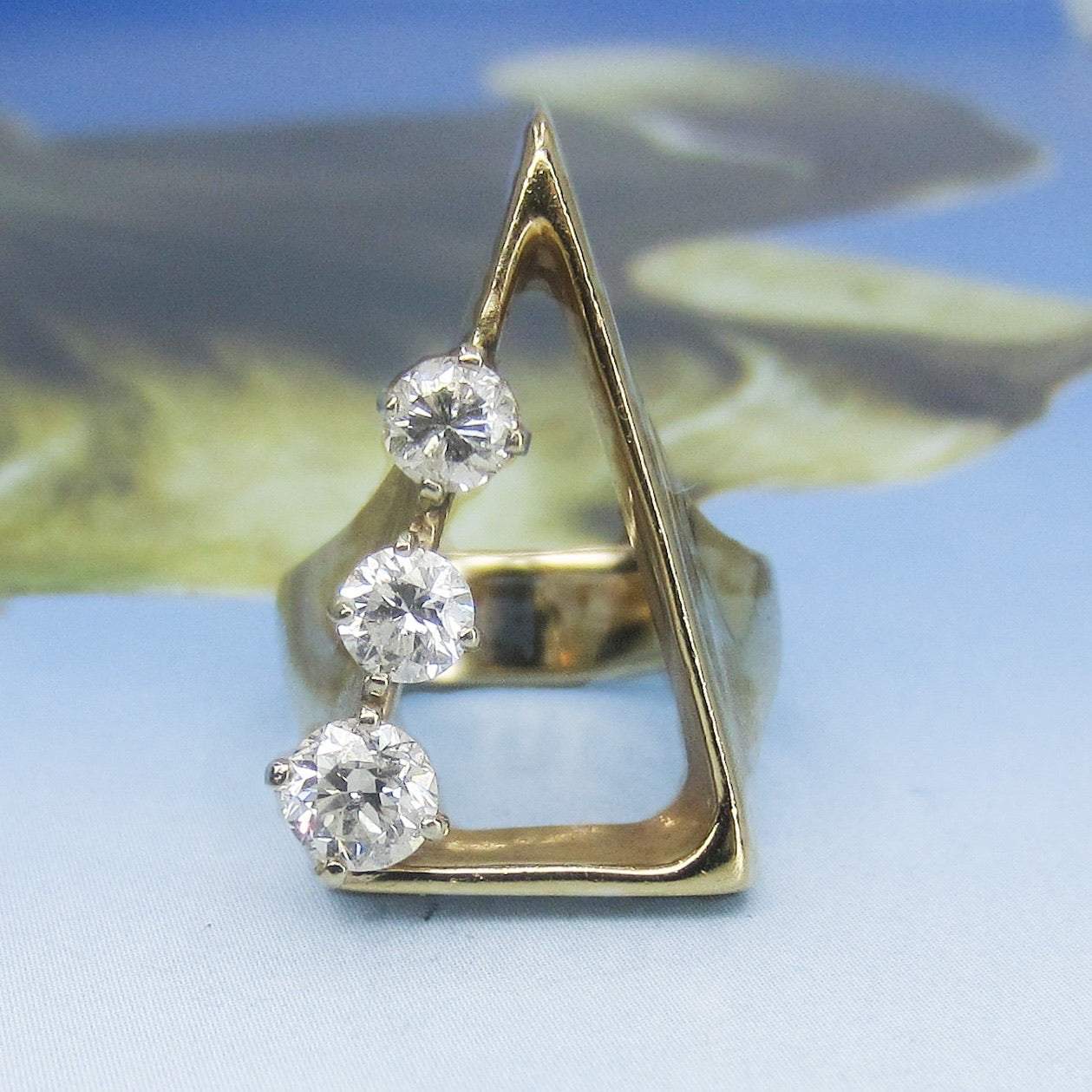 SOLD--MidCentury Modernist Giant Diamond Triangle Ring 14k c. 1970