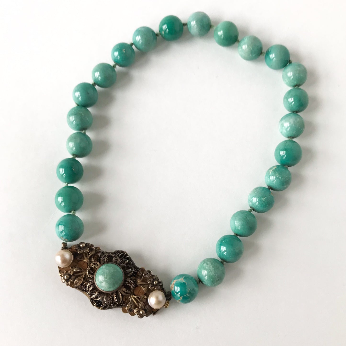 SOLD-Art Deco Turquoise Bead Necklace Gilt Silver c. 1930