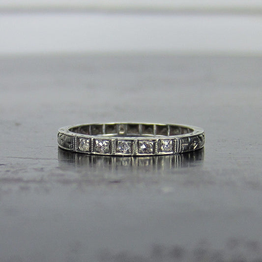 SOLD--Art Deco Five Diamond Engraved Band 18k c. 1930